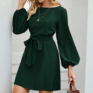 lantern long sleeve belted mini dress green